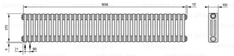 Схема (чертеж) Радиатор Zehnder Charleston 3037/36 №3370 Белый глянцевый RAL 9016
